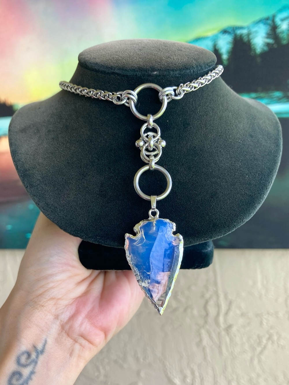 Opalite arrow on stainless steel maille celtic knot lariat Y necklace.
